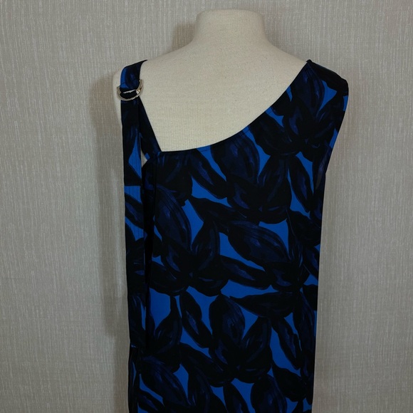 Halston Heritage Blue & Black One Shoulder Asymmetrical Cocktail Floral Top NWT - Picture 2 of 6
